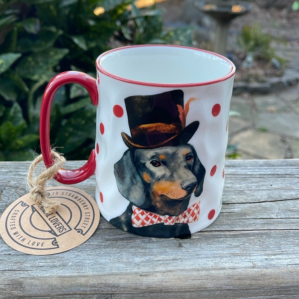 10 Strawberry Street Bella Dachshund Hipster Polka Dot Ceramic Mug-new